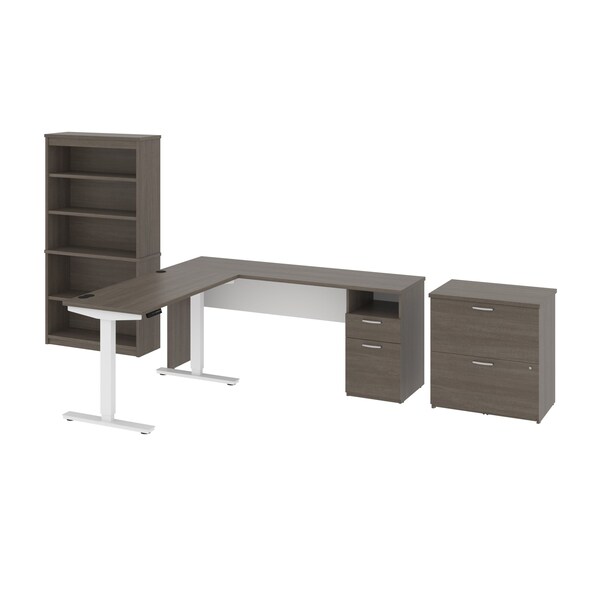 Bestar BESTAR Upstand 135W 72W L-Shaped Standing Desk with Bookcase and File Cabinet in bark grey & white 175853-000047 - main
